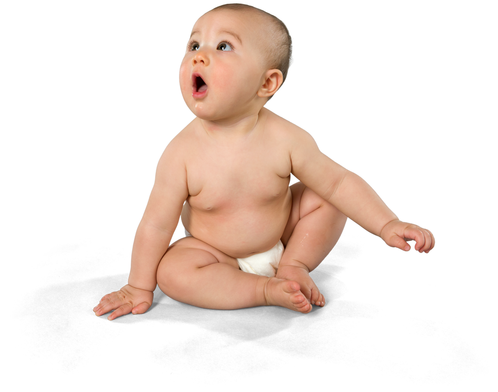 Shocked Caucasian baby girl with short medium blond hair - Isolated